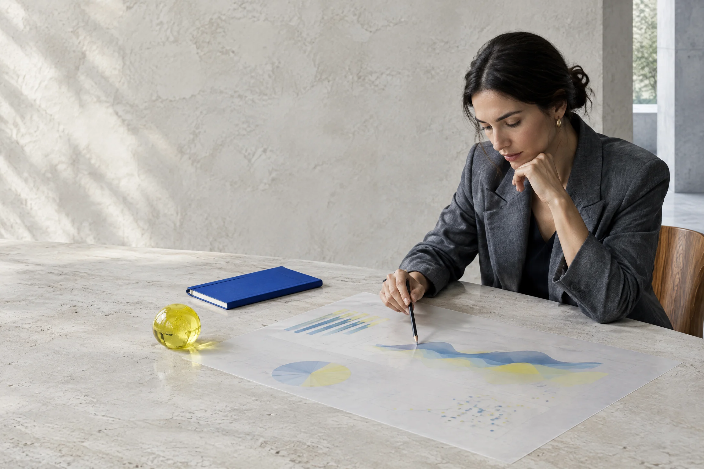 Analyst studying translucent data materials at a stone table