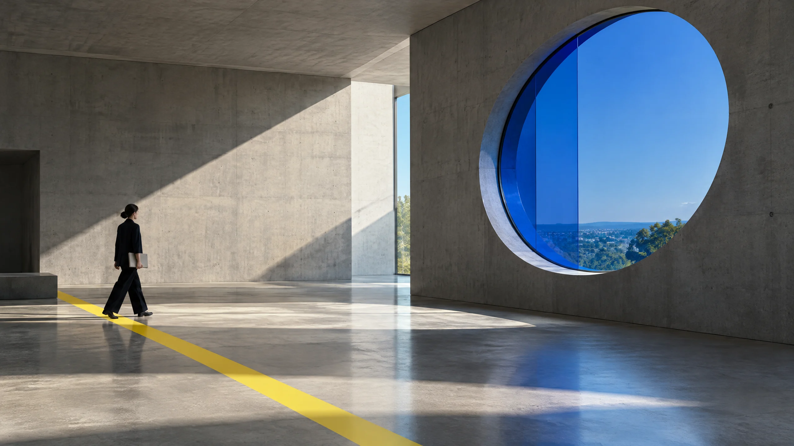 Person moving through a cobalt-accented gallery