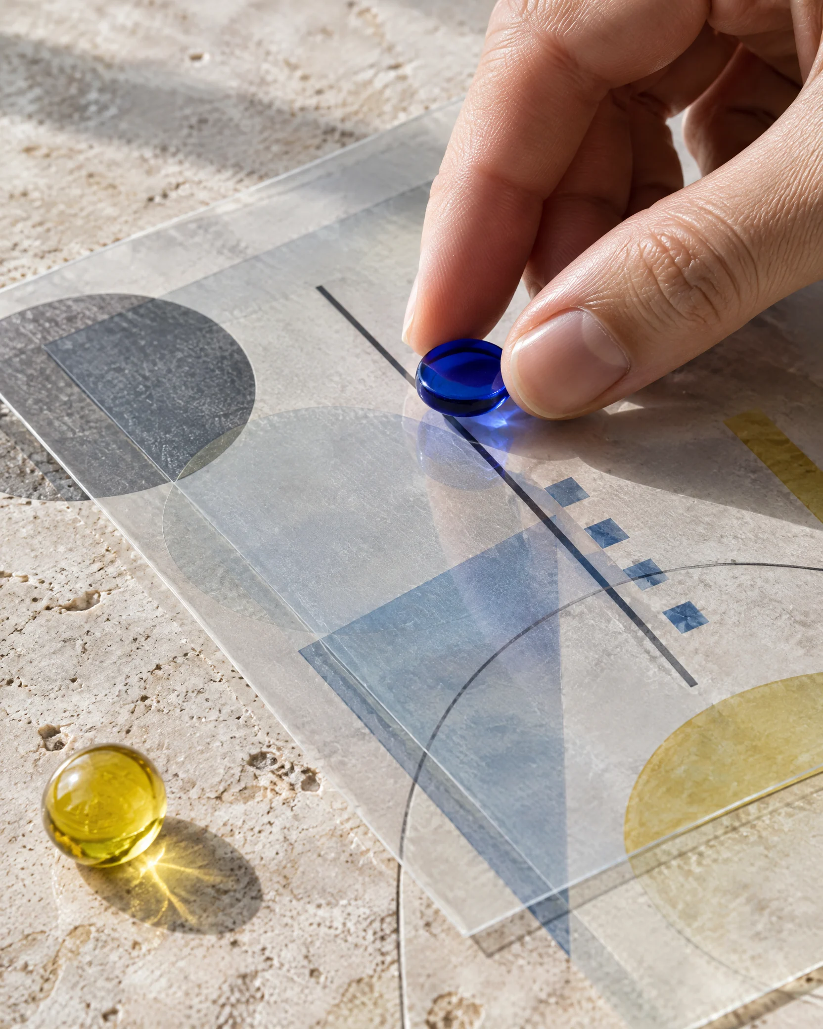 Hand marking transparent evidence layers on a stone surface